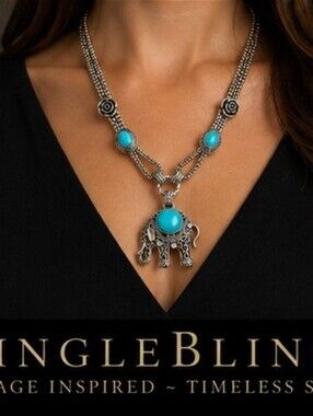 Elephant Turquoise Glass Ceramic Crystal Double Chain Statement Necklace